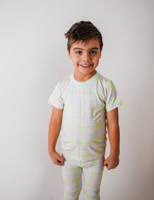 Snuggle Squares (Green/Blue) | Two-Piece Pajama Set